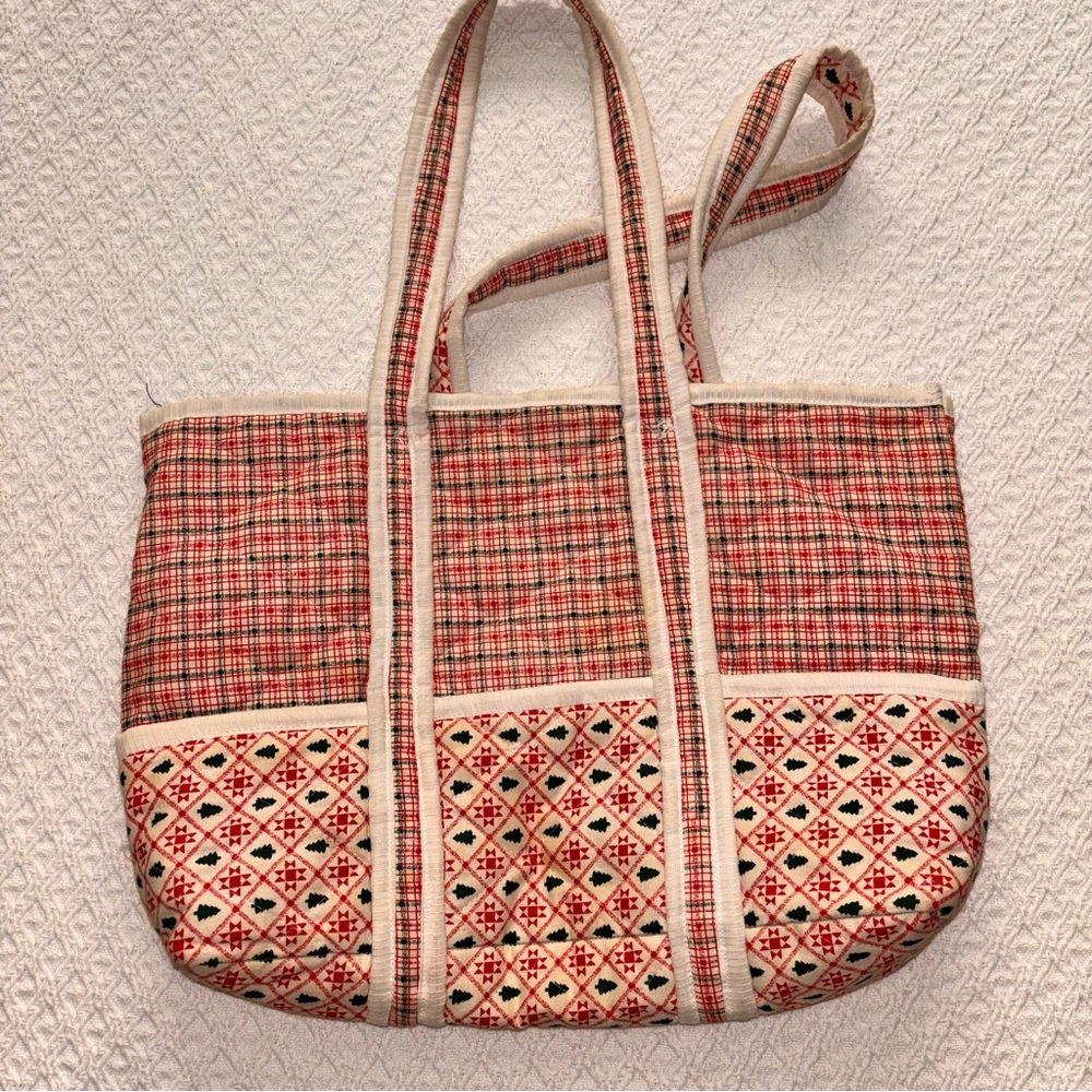 Country Christmas quilted handmade tote plaid/trees craft Bible bag cottage core